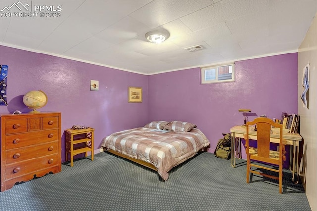 bedroom featuring crown molding, a textured wall, carpet, and visible vents