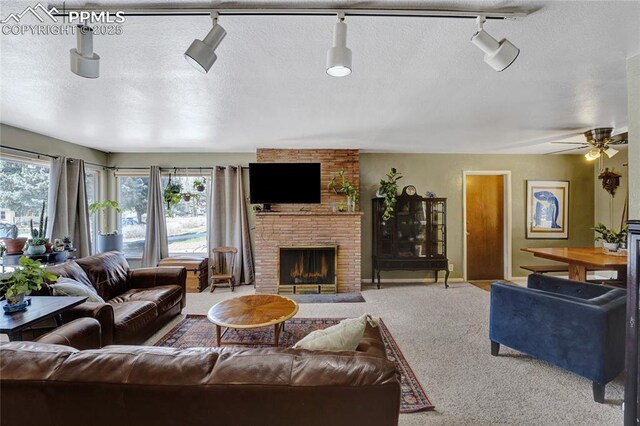 living area with a fireplace, ceiling fan, carpet, and rail lighting