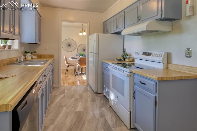 1227 Holmes Dr, Colorado Springs, CO 80909 - kitchen featuring white appliances, a sink, under cabinet range hood, wood counters, and ornamental molding