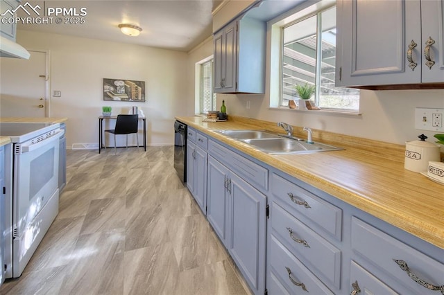 1227 Holmes Dr, Colorado Springs, CO 80909 - kitchen featuring white electric range oven, a sink, healthy amount of natural light, and light countertops