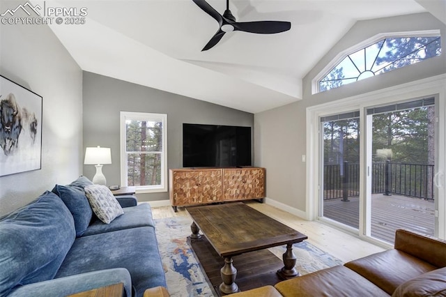869 Kiowa Rd, Florissant, CO 80816 - living area featuring lofted ceiling, plenty of natural light, a ceiling fan, light wood-style flooring, and baseboards