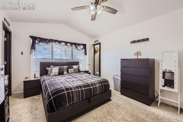 carpeted bedroom with baseboards, ceiling fan, and vaulted ceiling