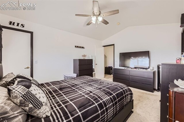 bedroom with light colored carpet, ceiling fan, and vaulted ceiling