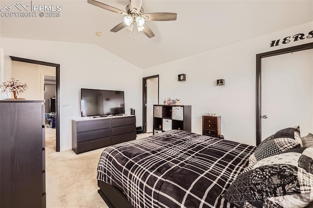 bedroom featuring light colored carpet, ceiling fan, and vaulted ceiling