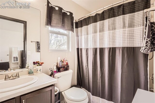 full bathroom with vanity, toilet, and a shower with shower curtain