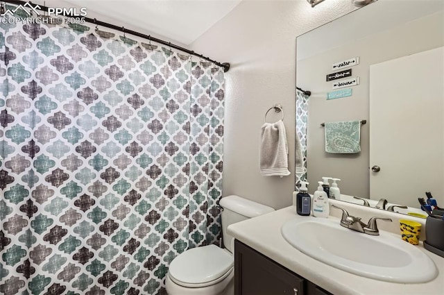 full bathroom featuring toilet, a shower with shower curtain, and vanity