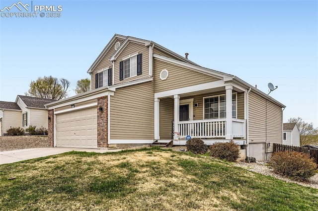 traditional-style home featuring an attached garage, a front lawn, covered porch, and concrete driveway