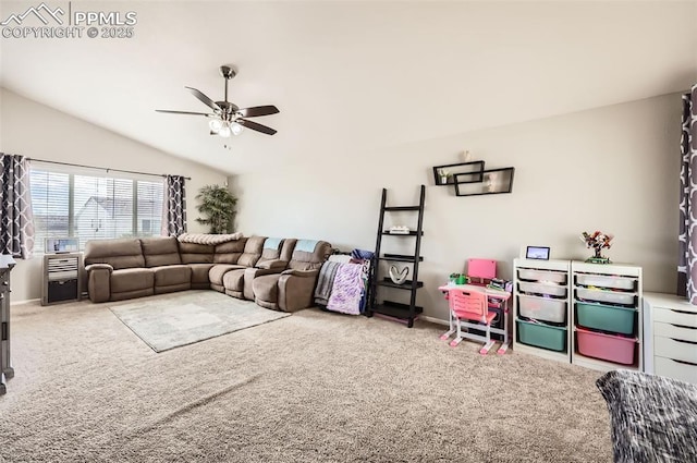 carpeted living room featuring baseboards, a ceiling fan, and lofted ceiling