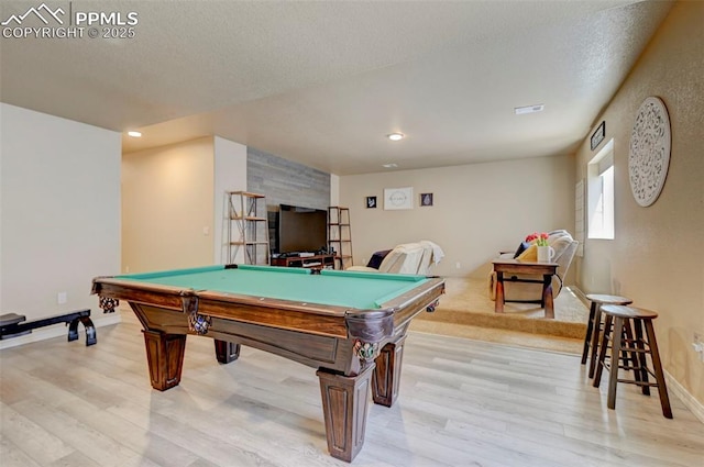 game room with light wood-style floors, billiards, baseboards, and recessed lighting