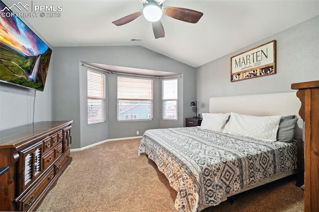 carpeted bedroom featuring baseboards, visible vents, ceiling fan, and lofted ceiling