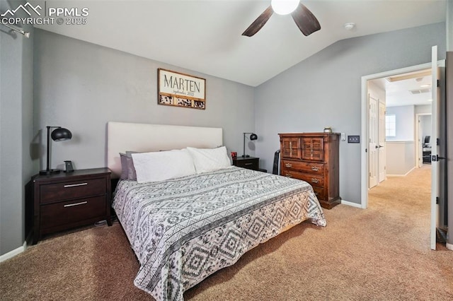 bedroom featuring carpet floors, baseboards, a ceiling fan, and lofted ceiling