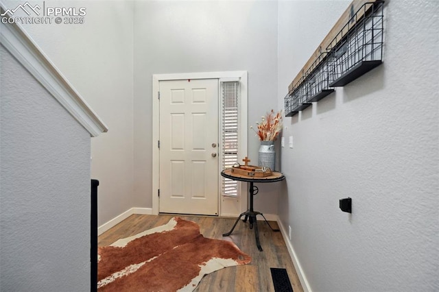 entryway with baseboards, a high ceiling, and wood finished floors
