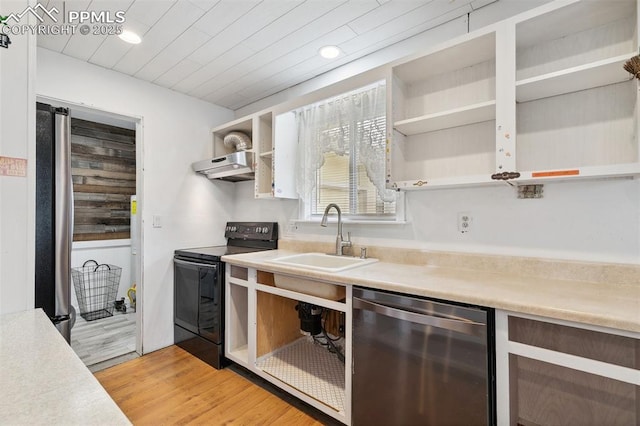 kitchen featuring open shelves, a sink, light wood-style floors, stainless steel appliances, and under cabinet range hood