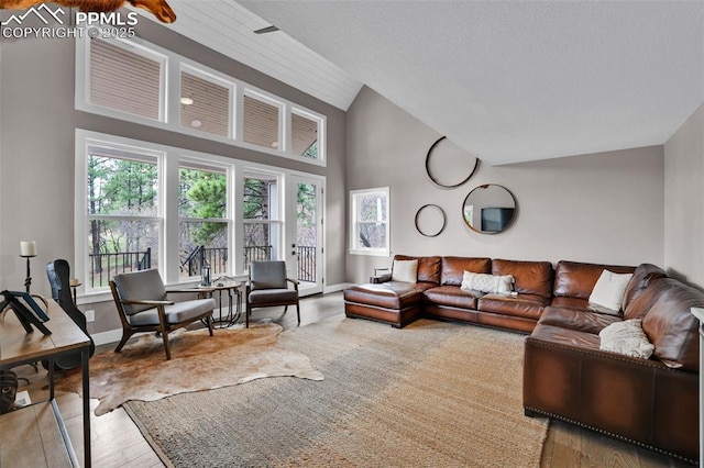 living area featuring baseboards, high vaulted ceiling, and wood finished floors