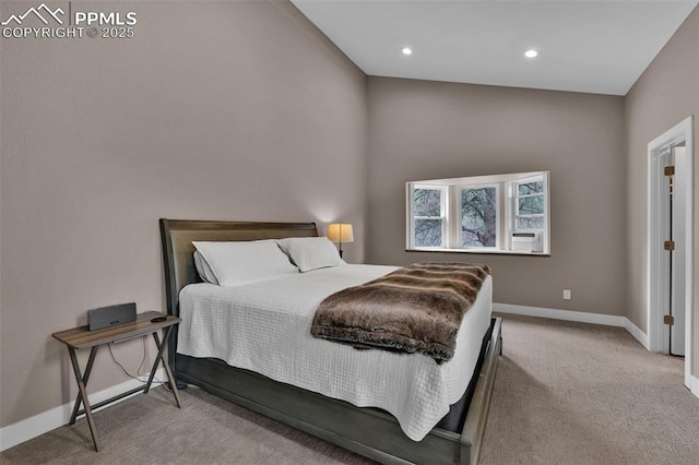 bedroom with carpet flooring, recessed lighting, and baseboards