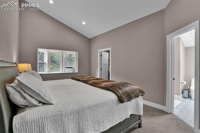 bedroom with baseboards, carpet, recessed lighting, and high vaulted ceiling