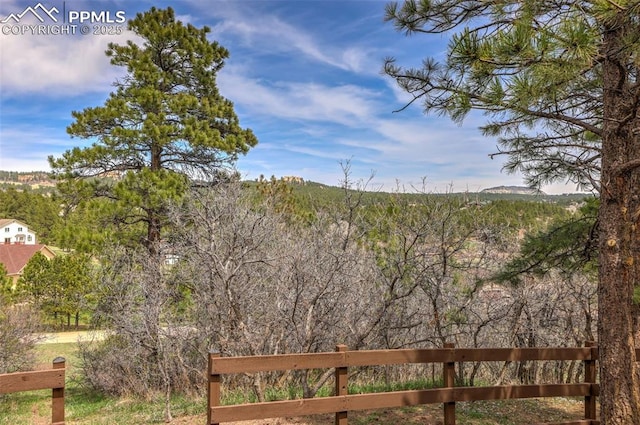 view of yard featuring a forest view