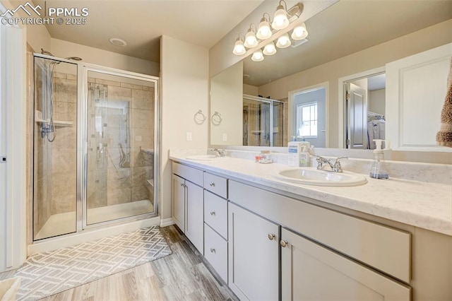 bathroom featuring a sink, a shower stall, double vanity, and wood finished floors