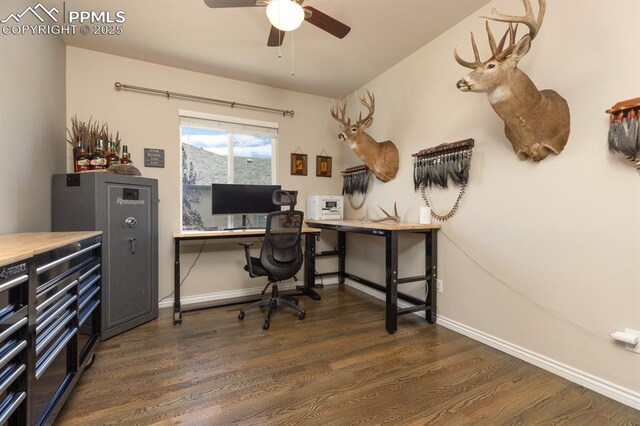 1849 Mud Hen Dr, Colorado Springs, CO 80921 - home office featuring wood finished floors, a ceiling fan, and baseboards