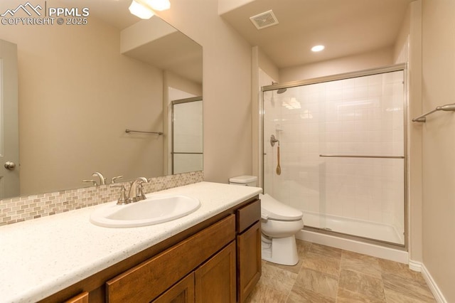 1849 Mud Hen Dr, Colorado Springs, CO 80921 - bathroom with a shower stall, toilet, vanity, baseboards, and recessed lighting