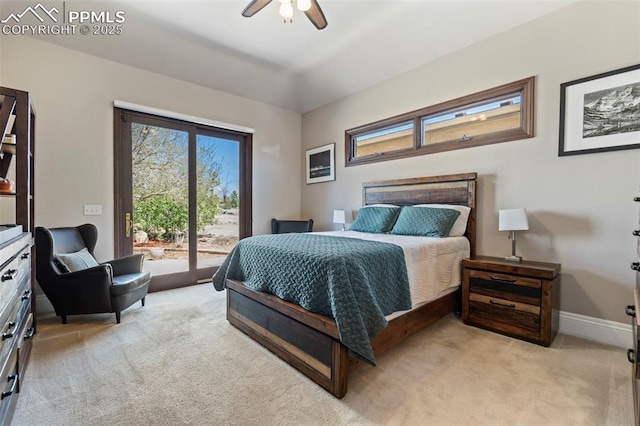 bedroom with access to outside, baseboards, light colored carpet, and ceiling fan