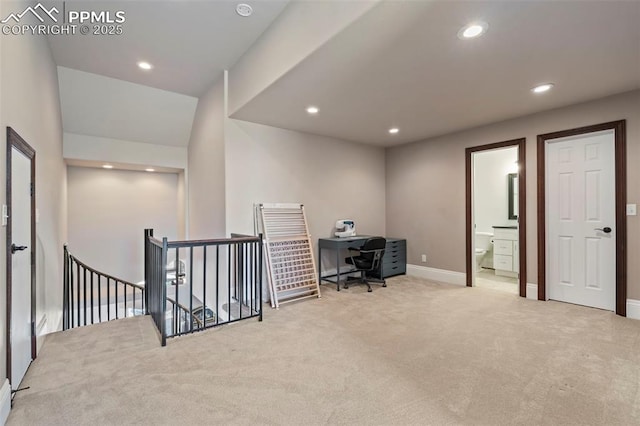 office area with baseboards, carpet, and recessed lighting