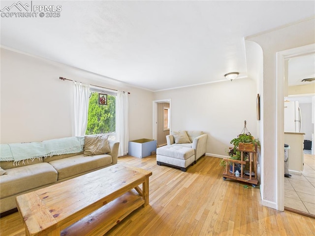 living room featuring baseboards and light wood-style floors