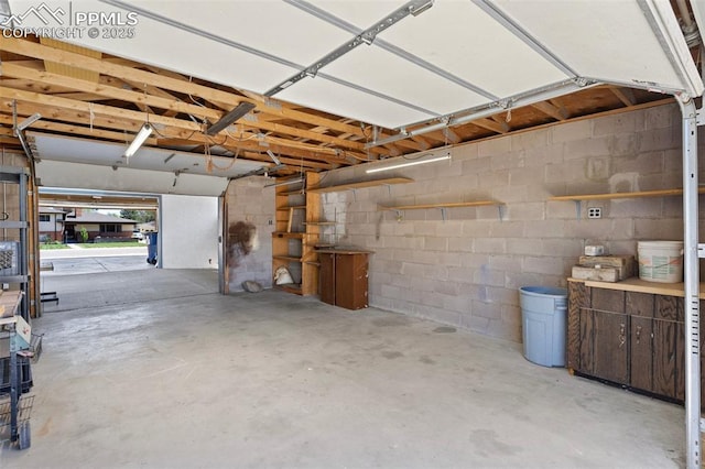 garage with concrete block wall
