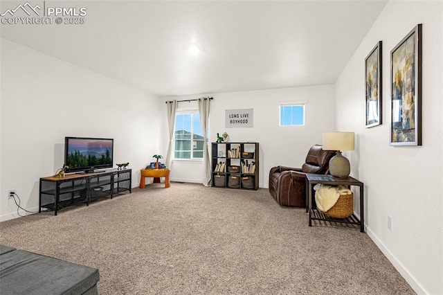 sitting room featuring baseboards and carpet flooring