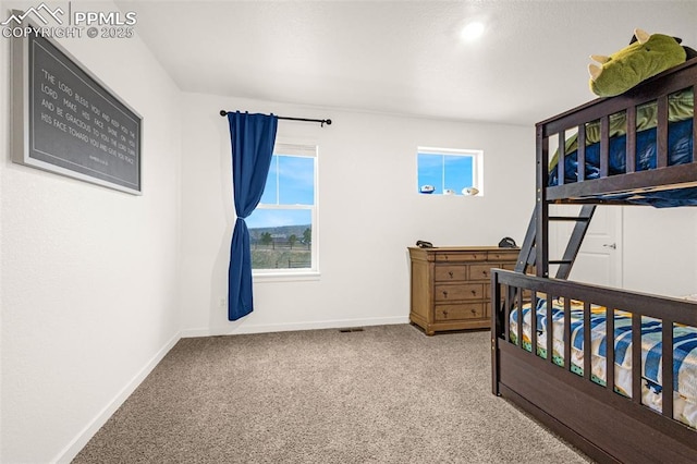 bedroom with carpet floors, baseboards, and visible vents