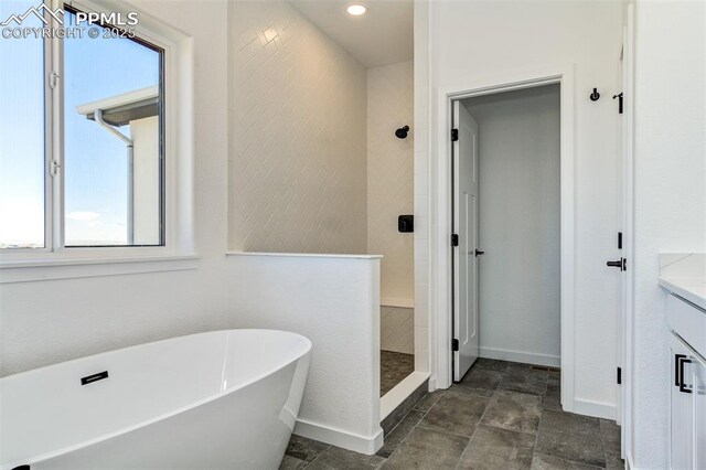 16990 Early Light Dr, Colorado Springs, CO 80908 - bathroom featuring baseboards, a freestanding bath, tiled shower, and vanity