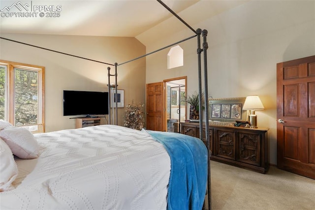 carpeted bedroom with high vaulted ceiling