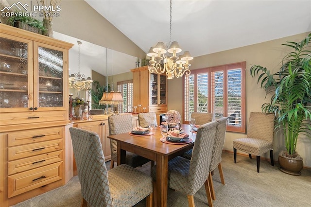 dining space with an inviting chandelier, light carpet, and a healthy amount of sunlight