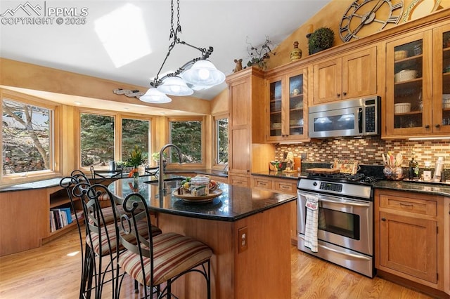 kitchen with backsplash, appliances with stainless steel finishes, a sink, and light wood finished floors