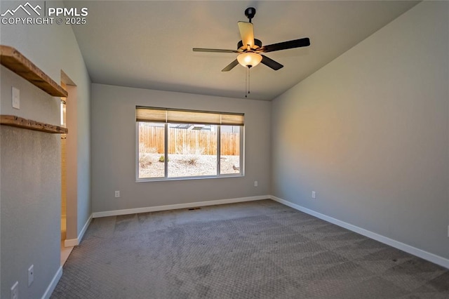 unfurnished bedroom with carpet floors, baseboards, ceiling fan, and visible vents