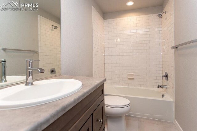 full bathroom featuring vanity, toilet, recessed lighting, shower / bathing tub combination, and tile patterned floors