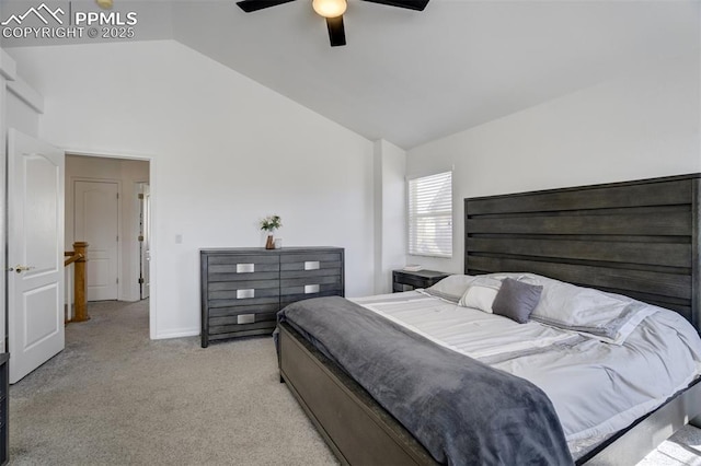 bedroom featuring carpet floors, ceiling fan, and high vaulted ceiling