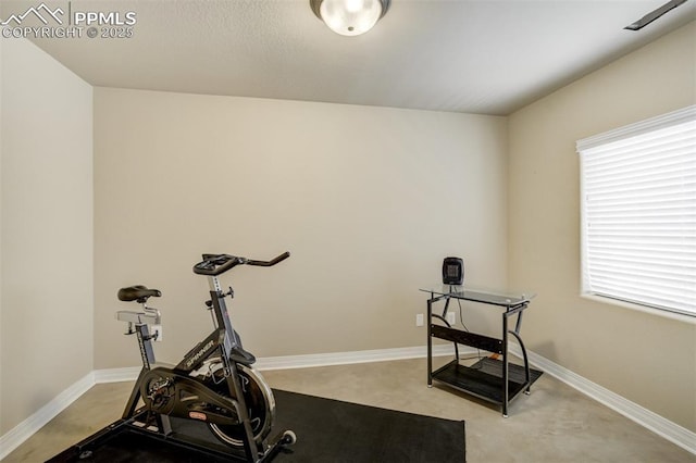 exercise area with baseboards and light colored carpet