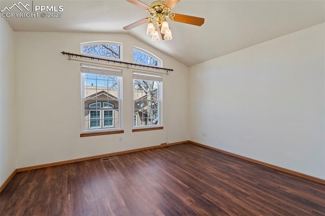 6151 Pine Hill Dr, Colorado Springs, CO 80918 - unfurnished room with visible vents, wood finished floors, baseboards, a ceiling fan, and vaulted ceiling