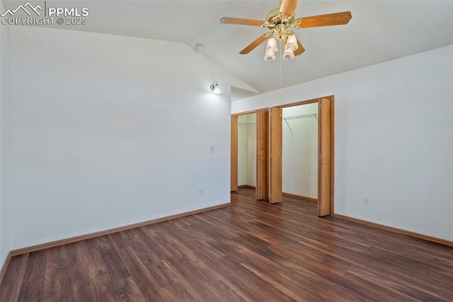 6151 Pine Hill Dr, Colorado Springs, CO 80918 - unfurnished bedroom featuring ceiling fan, baseboards, vaulted ceiling, and dark wood finished floors