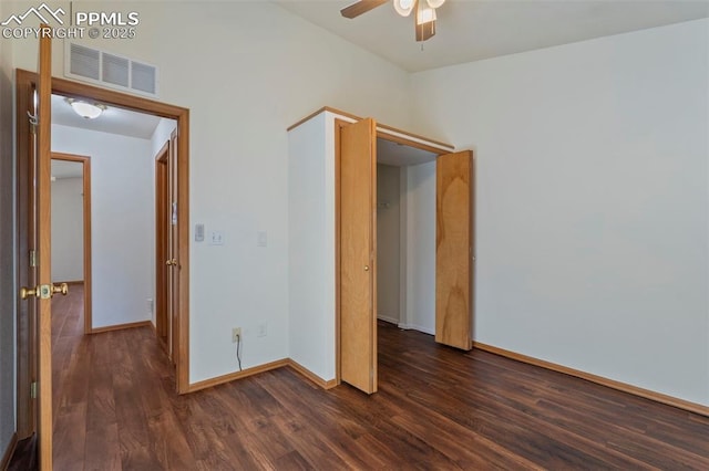 6151 Pine Hill Dr, Colorado Springs, CO 80918 - unfurnished bedroom featuring a ceiling fan, baseboards, visible vents, and dark wood-style floors