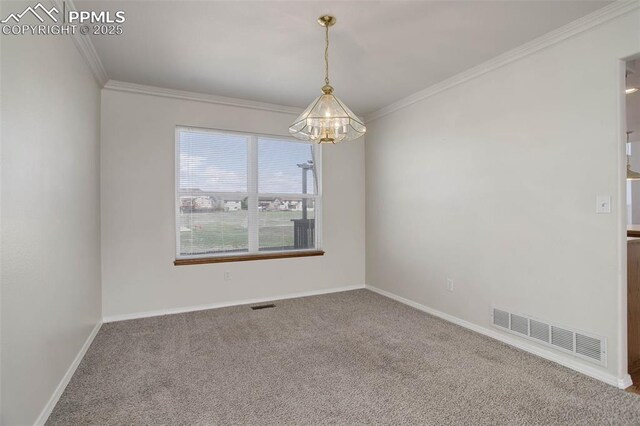 7884 Gladwater Rd, Peyton, CO 80831 - carpeted spare room with a notable chandelier, ornamental molding, and visible vents