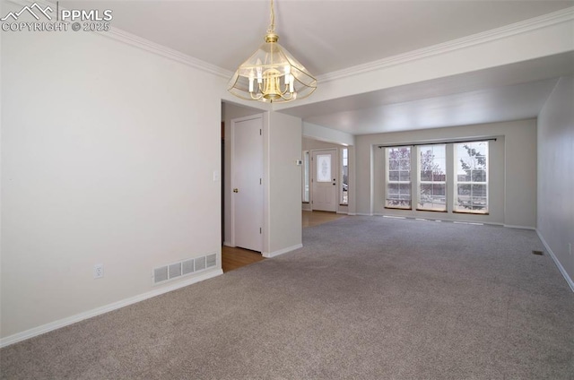 7884 Gladwater Rd, Peyton, CO 80831 - spare room featuring baseboards, visible vents, an inviting chandelier, and carpet
