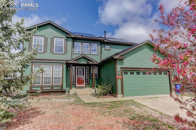 7884 Gladwater Rd, Peyton, CO 80831 - craftsman-style house featuring an attached garage, driveway, and roof mounted solar panels