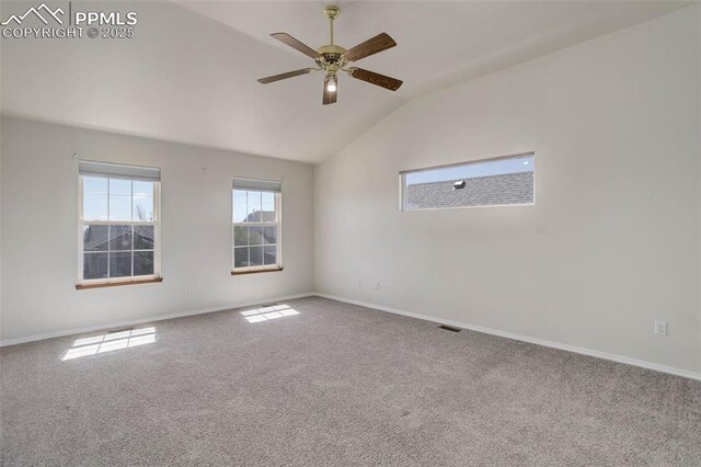 7884 Gladwater Rd, Peyton, CO 80831 - spare room featuring carpet floors, baseboards, ceiling fan, and lofted ceiling