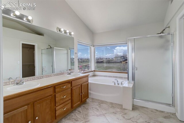 7884 Gladwater Rd, Peyton, CO 80831 - bathroom featuring a sink, a bath, lofted ceiling, and a shower stall