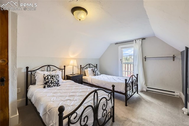 carpeted bedroom with a baseboard radiator and lofted ceiling
