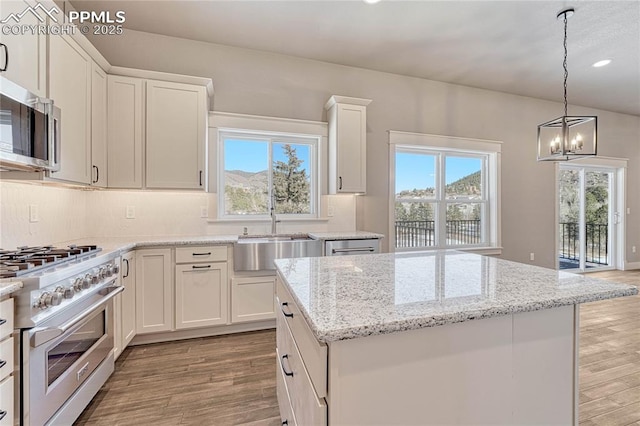 kitchen featuring light wood-type flooring, a wealth of natural light, appliances with stainless steel finishes, and a sink