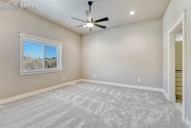 empty room featuring carpet, baseboards, ceiling fan, and recessed lighting