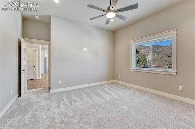 unfurnished room featuring baseboards, recessed lighting, ceiling fan, and carpet